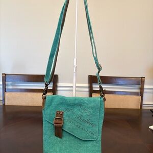 Myra “Tanglewood” Teal Canvas Crossbody Bag with Leather Trim